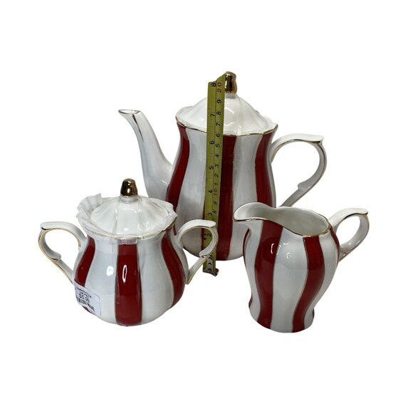 Grace Teaware Red & White Striped Porcelain Tea Set Gold Trim Christmas Decor - Picture 2 of 9